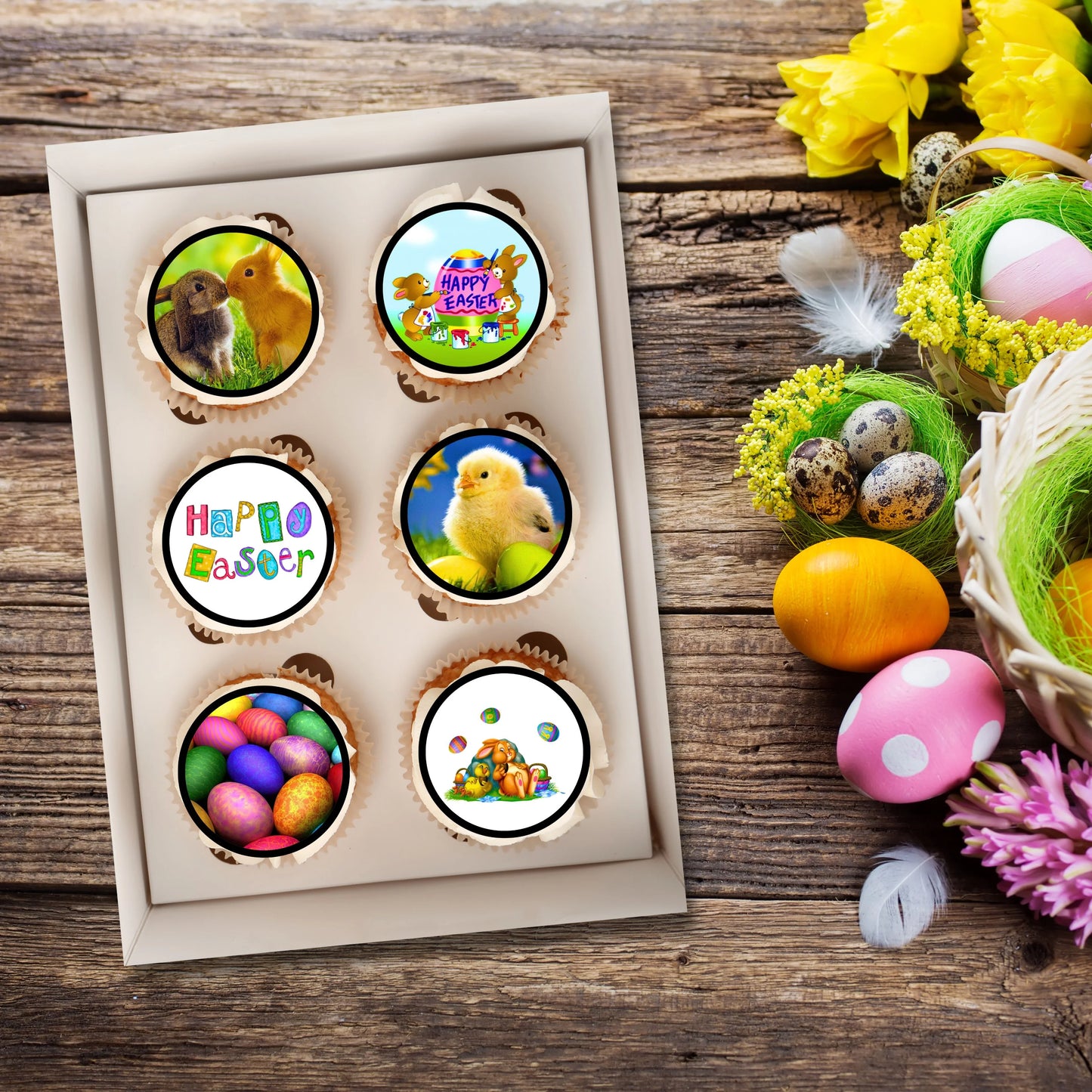 Easter Theme Edible Cupcake Toppers on cupcakes with white frosting