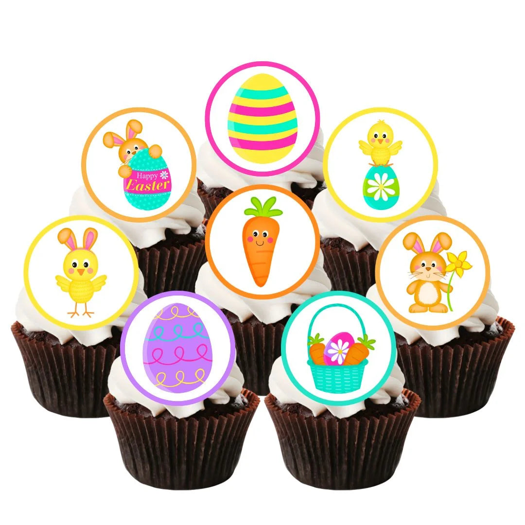 Easter Mix Edible Cupcake Toppers on chocolate cupcakes with white frosting