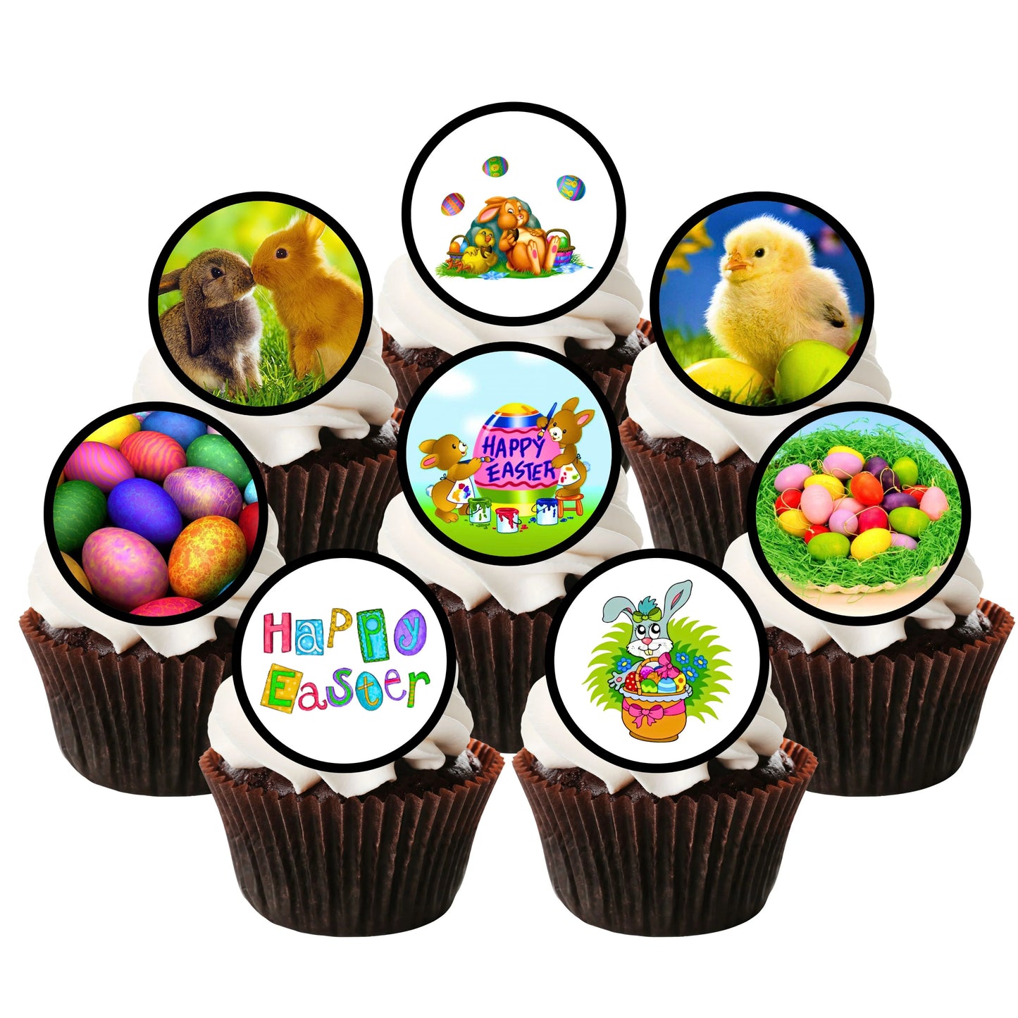 Easter Theme Edible Cupcake Toppers on chocolate cupcakes with white frosting