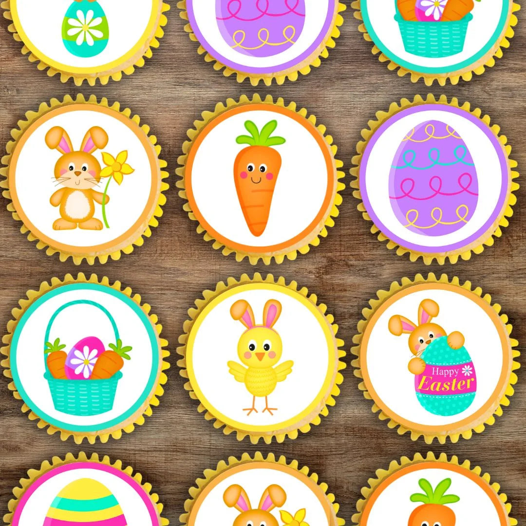 Easter Mix Edible Cupcake Toppers on cupcakes with white frosting