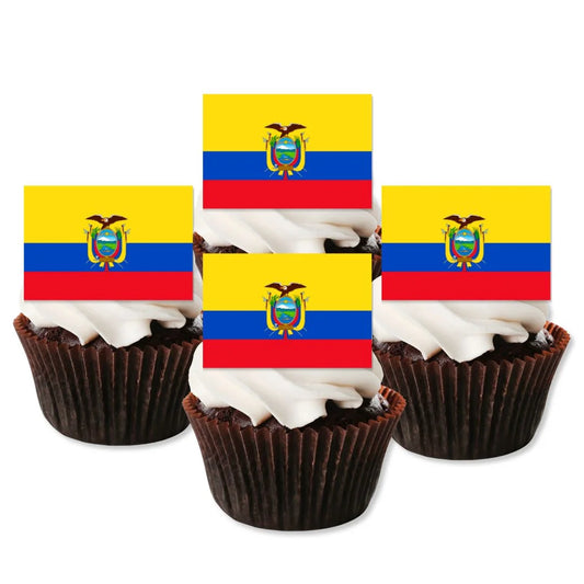 Ecuador Flag Edible Cupcake Toppers on chocolate cupcakes with white frosting