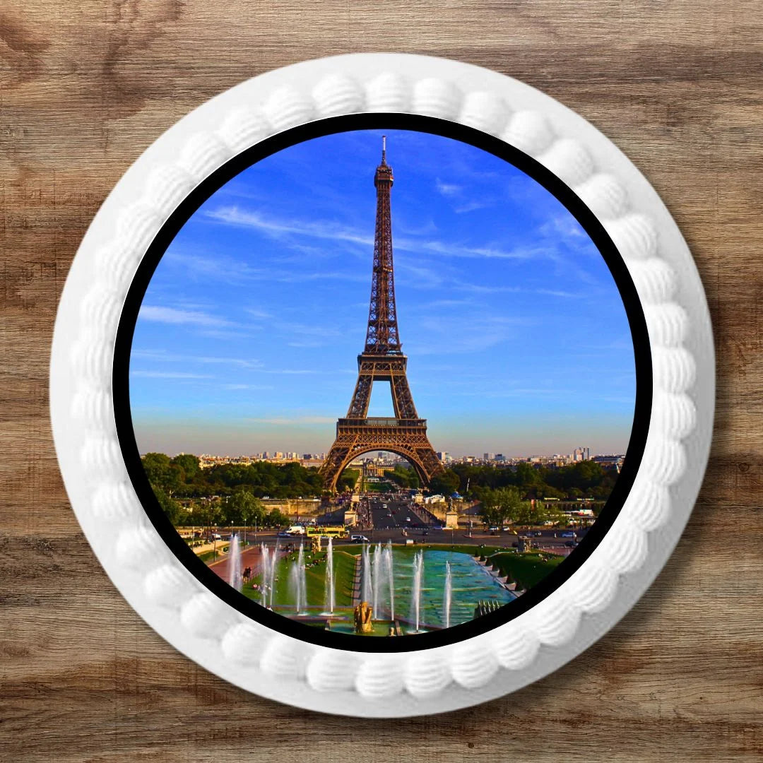 Eiffel Tower Edible cake Topper on white frosted cake