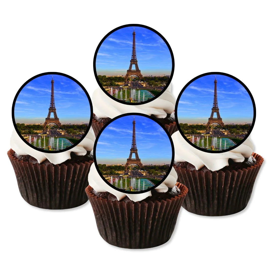Eiffel Tower Edible Cupcake Toppers on white frosted cupcakes