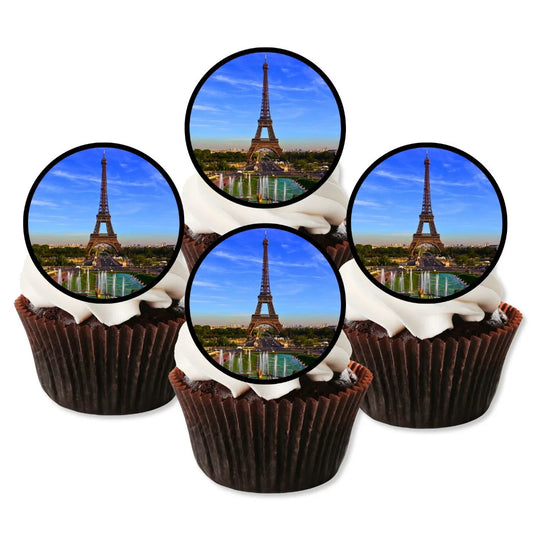 Eiffel Tower Edible Cupcake Toppers on white frosted cupcakes