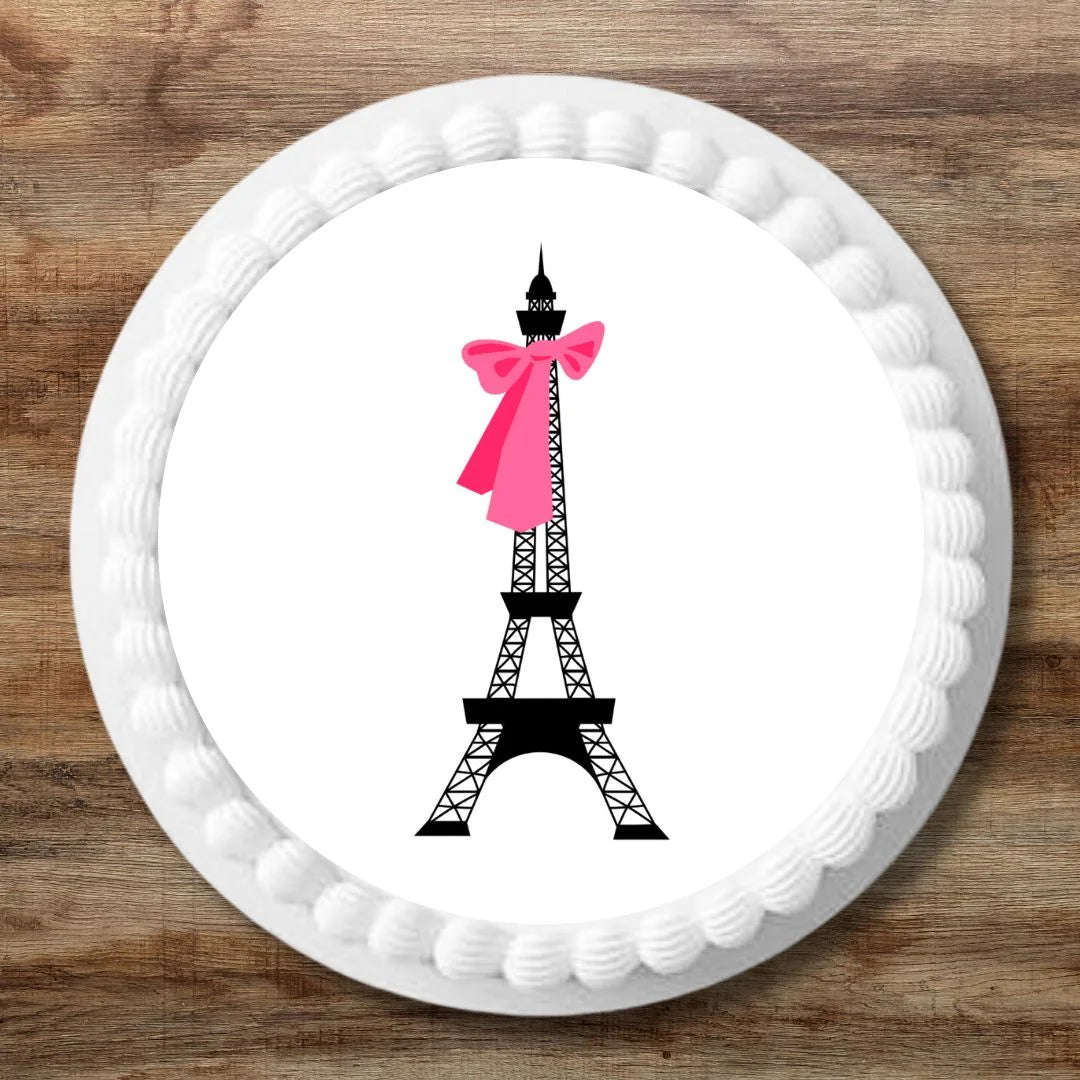 Eiffel Tower Paris Edible cake Topper on white frosted cake