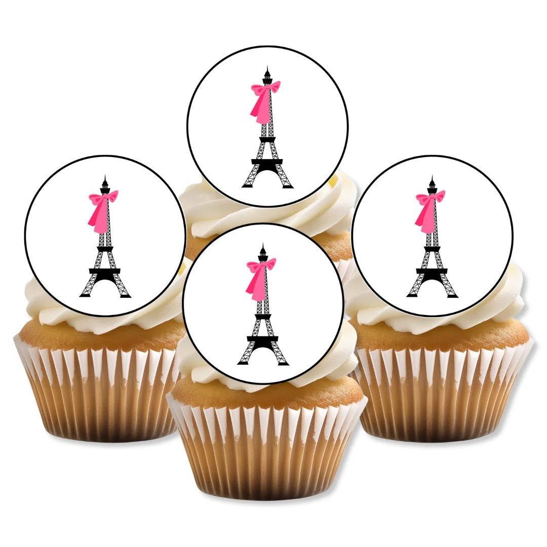 Eiffel Tower Paris Edible Cupcake Toppers on white frosted cupcakes