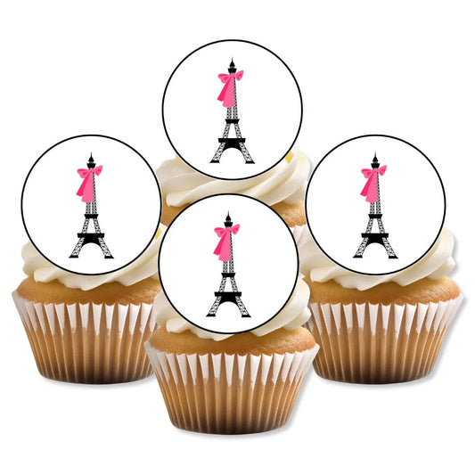 Eiffel Tower Paris Edible Cupcake Toppers on white frosted cupcakes
