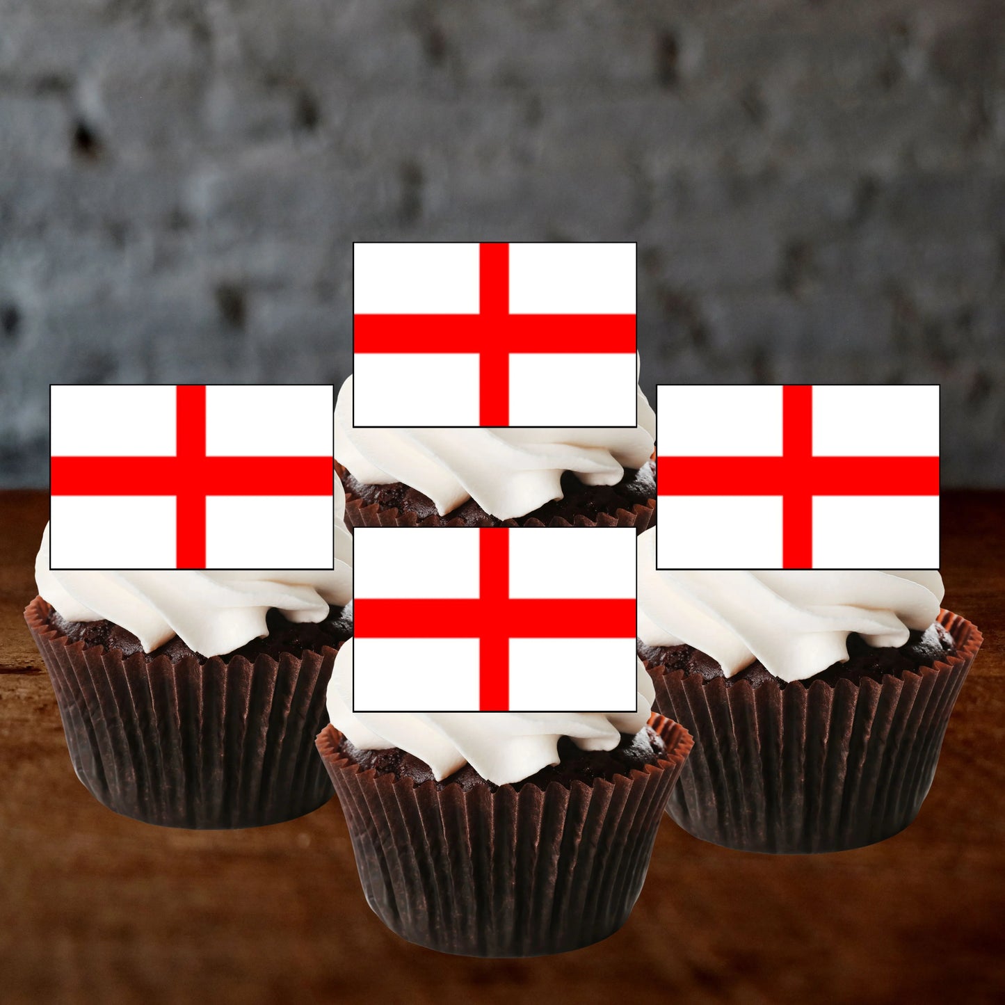 England Flag Edible Cupcake Toppers on white frosted cupcakes