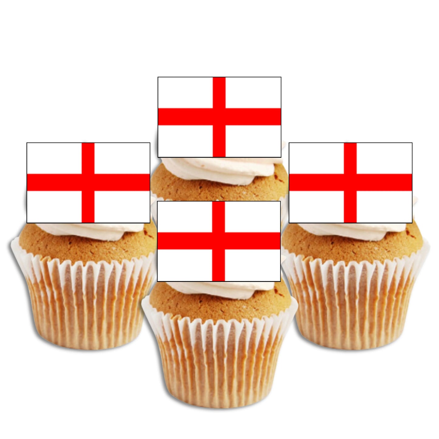 England Flag Edible Cupcake Toppers on white frosted cupcakes