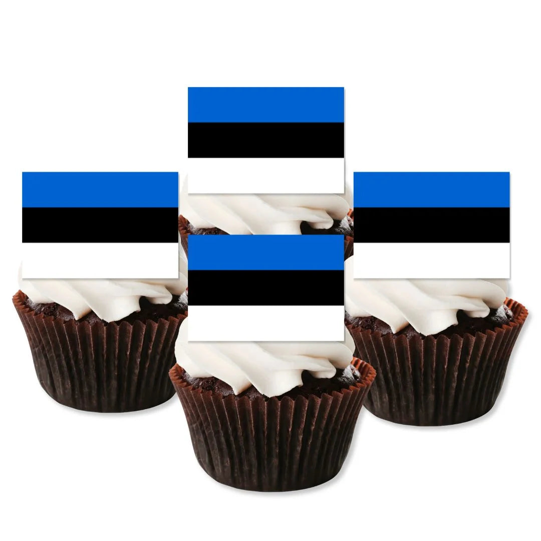 Estonia Flag Edible Cupcake Toppers on white frosted cupcakes