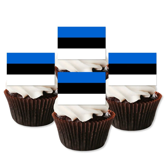 Estonia Flag Edible Cupcake Toppers on white frosted cupcakes