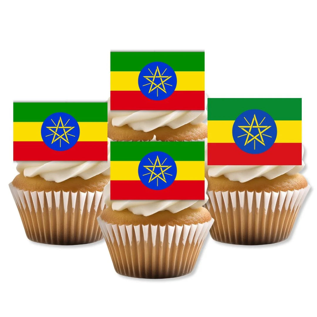 Ethiopia Flag Edible Cupcake Toppers on white frosted cupcakes