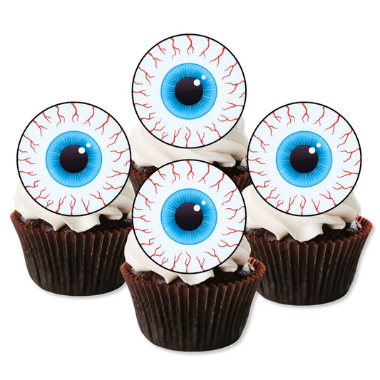 Halloween Eyeballs Edible Cupcake Toppers on chocolate cupcakes with white frosting