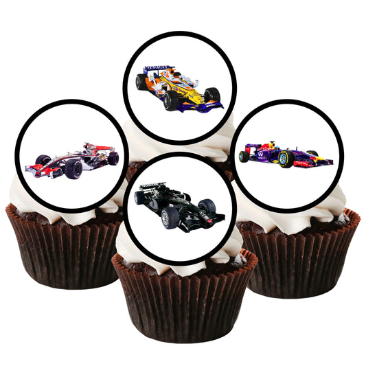 F1 Race Cars Edible Cupcake Toppers on frosted cupcakes