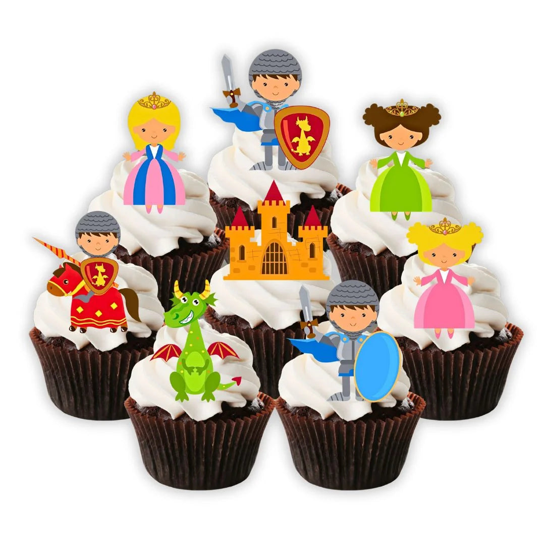 Fairytale knights, dragons and princess Edible Cupcake Toppers on chocolate cupcakes with white frosting