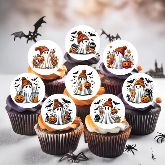Fall Ghost round Edible Cupcake Toppers on chocolate cupcakes with white frosting