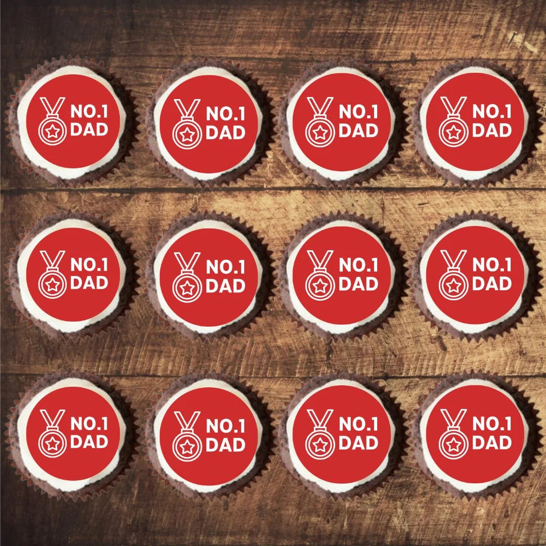 No.1 Dad Father's Day Cupcake Toppers on chocolate cupcakes with white frosting