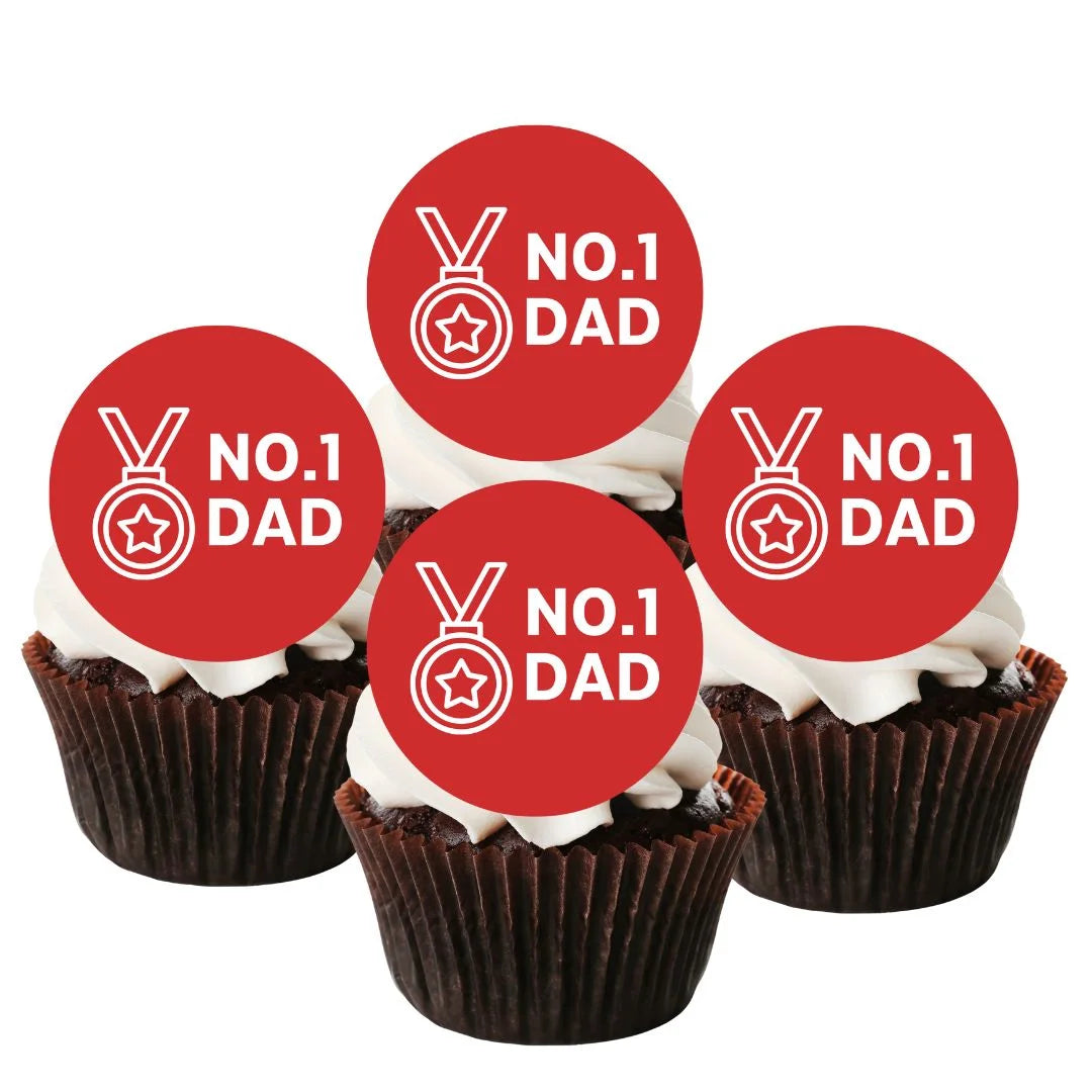 No.1 Dad Father's Day Cupcake Toppers on chocolate cupcakes with white frosting