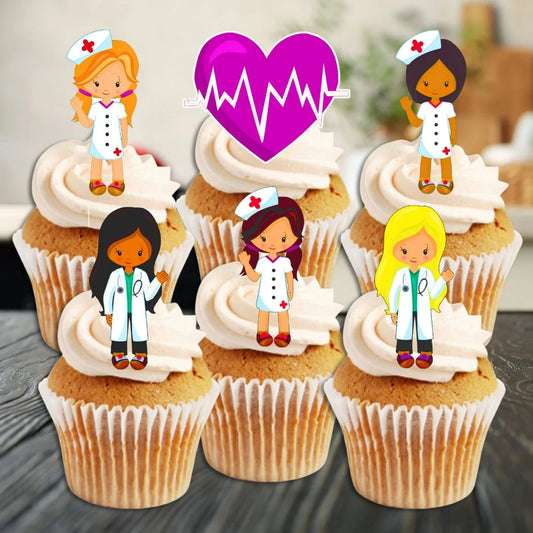 Female Nurses + Doctors Edible Cupcake Toppers on white frosted cupcakes