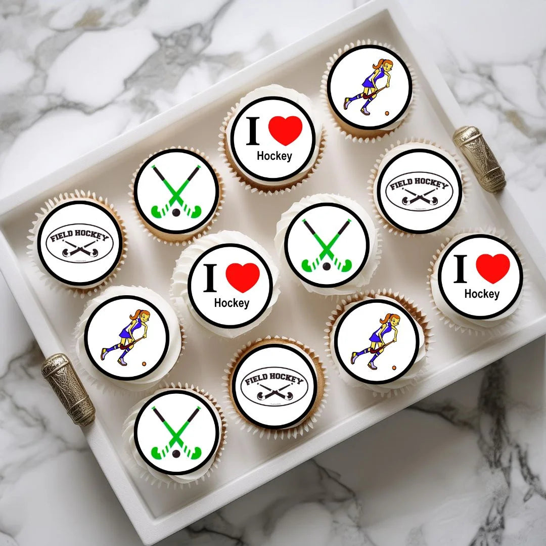 Field Hockey Edible Cupcake Toppers on frosted cupcakes