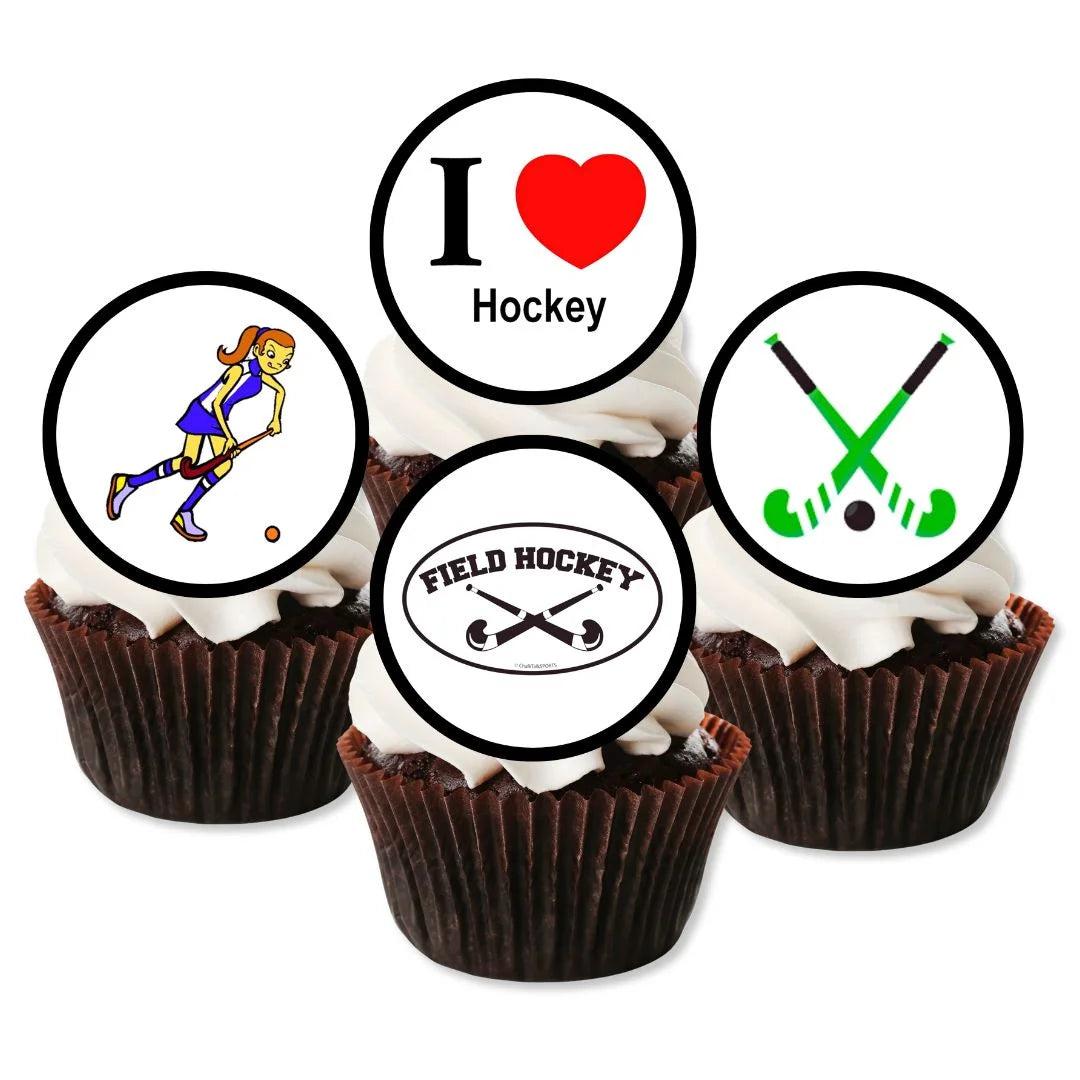 Field Hockey Edible Cupcake Toppers on chocolate cupcakes with white frosting