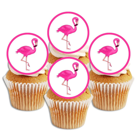 white frosted cupcakes with bright pink flamingo edible cake toppers