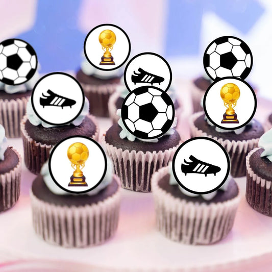 Football Theme Edible Cupcake Toppers on chocolate frosted cupcakes