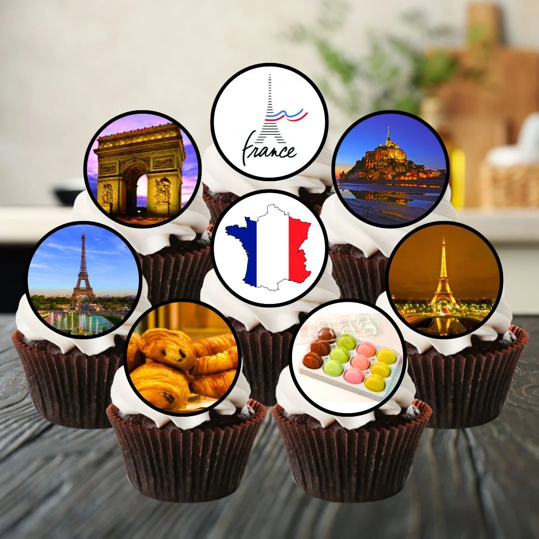 France Themed Edible Cupcake Toppers on chocolate cupcakes with white frosting