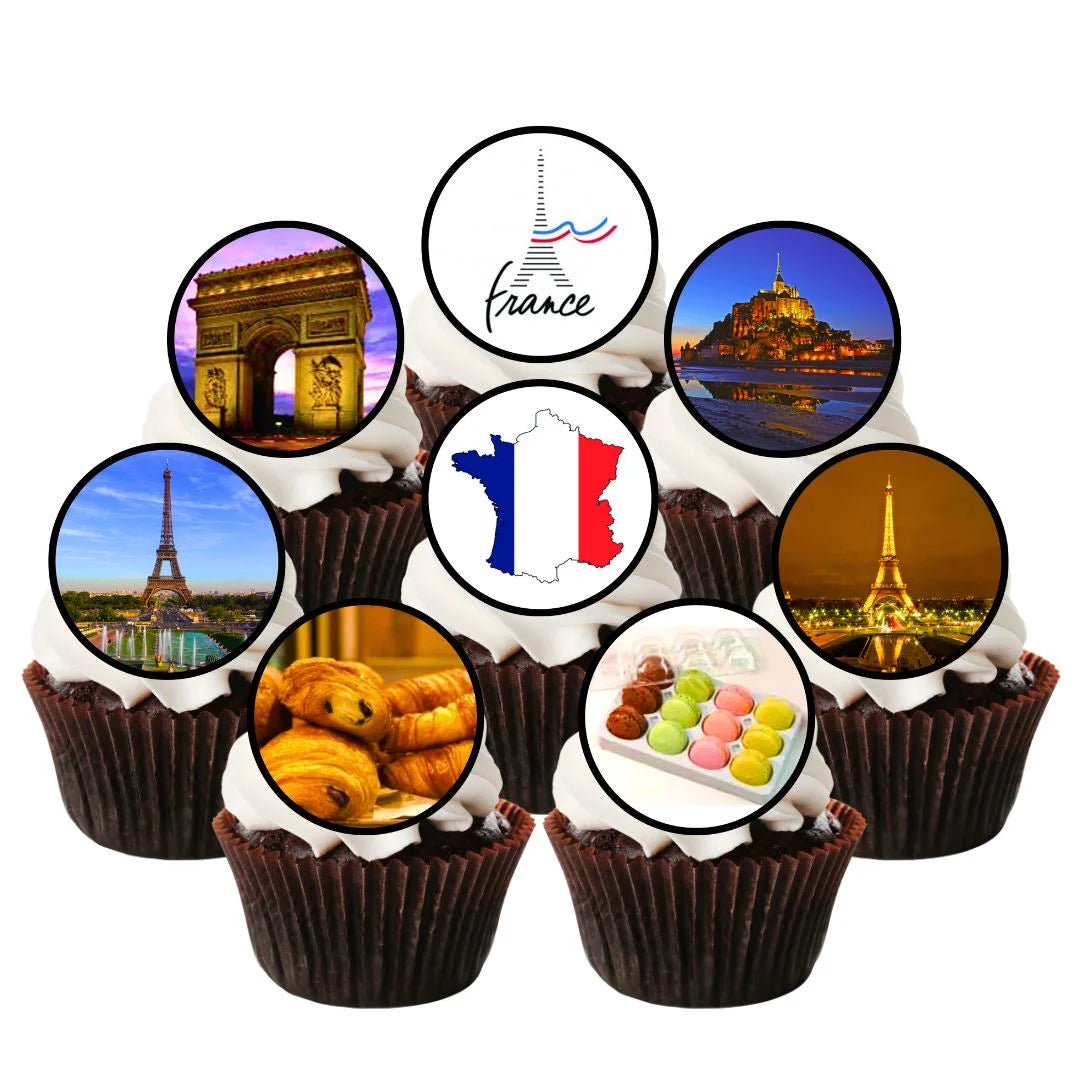 France Themed Edible Cupcake Toppers on chocolate cupcakes with white frosting
