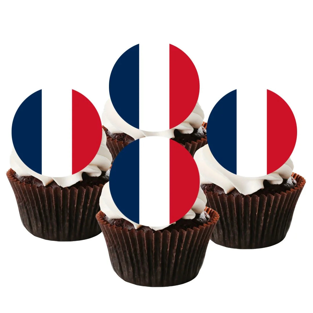 French Flag Round Edible Cupcake Toppers on chocolate cupcakes with white frosting