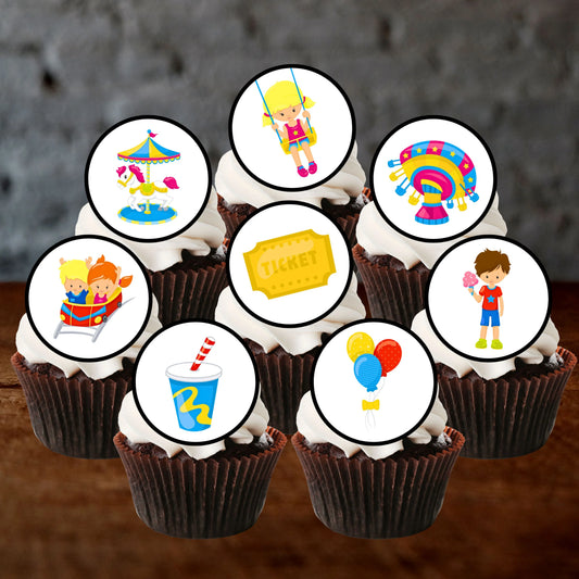 Fun Fair Theme Edible Cupcake Toppers on chocolate cupcakes with white frosting
