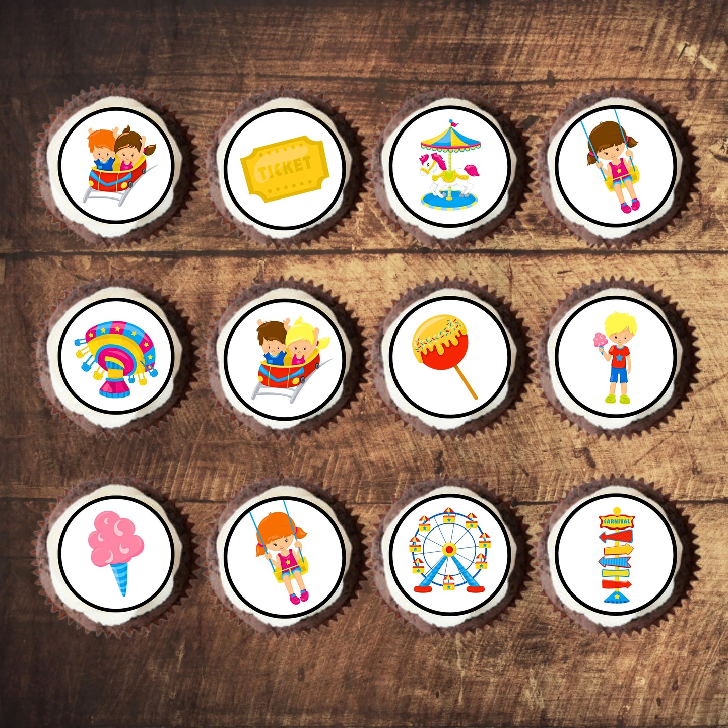 Fun Fair Theme Edible Cupcake Toppers on chocolate cupcakes with white frosting