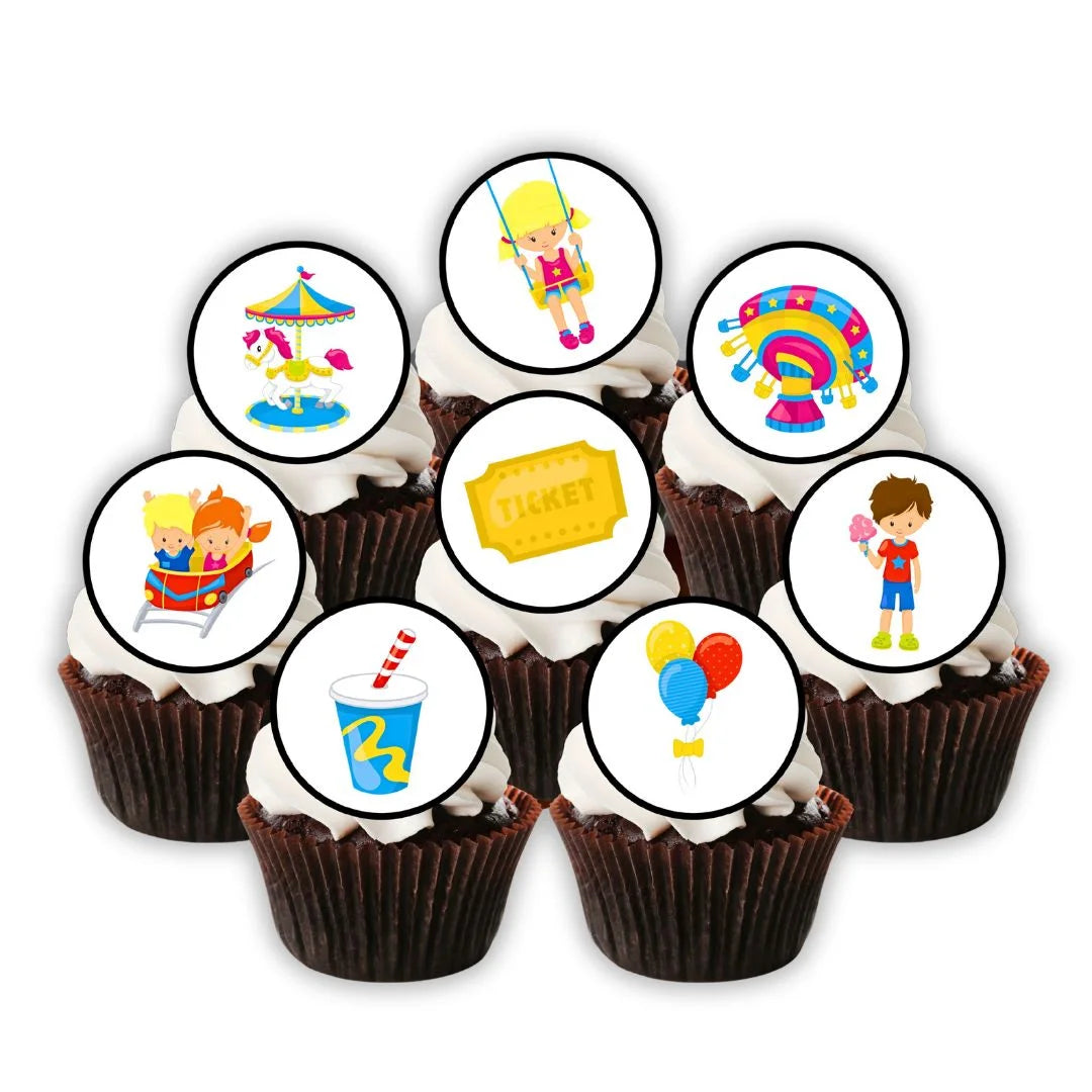 Fun Fair Theme Edible Cupcake Toppers on chocolate cupcakes with white frosting