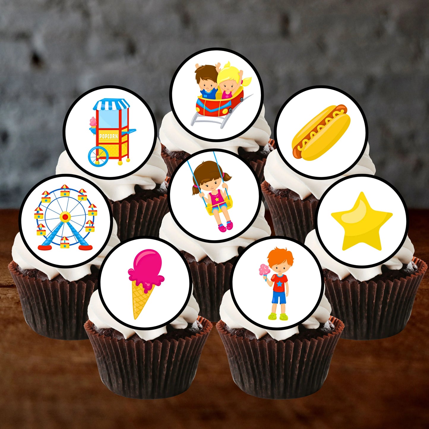 Fun Fair Carnival Theme Edible Cupcake Toppers on cupcakes with white frosting