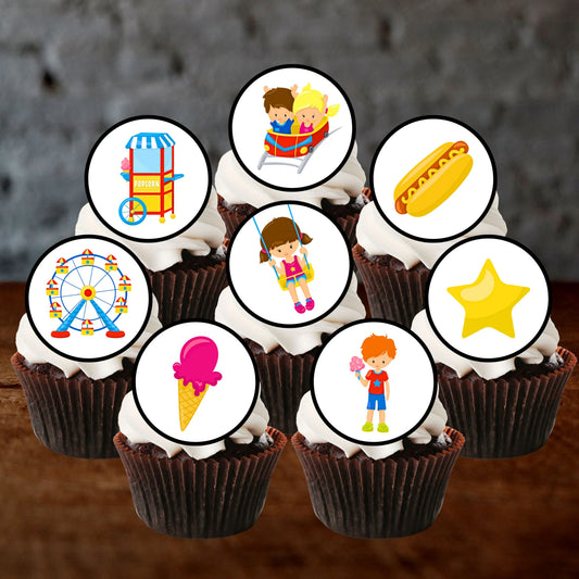 Fun Fair Carnival Theme Edible Cupcake Toppers on cupcakes with white frosting