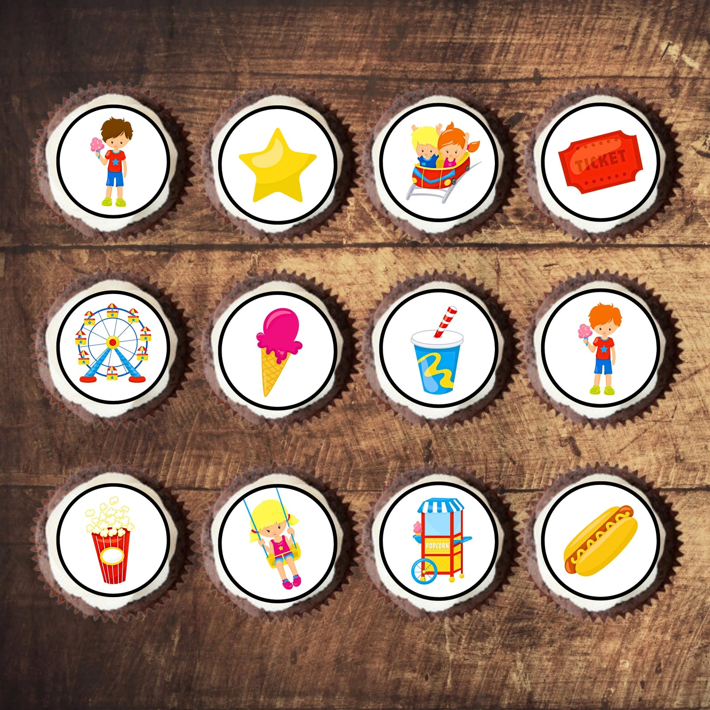 Fun Fair Carnival Theme Edible Cupcake Toppers on cupcakes with white frosting