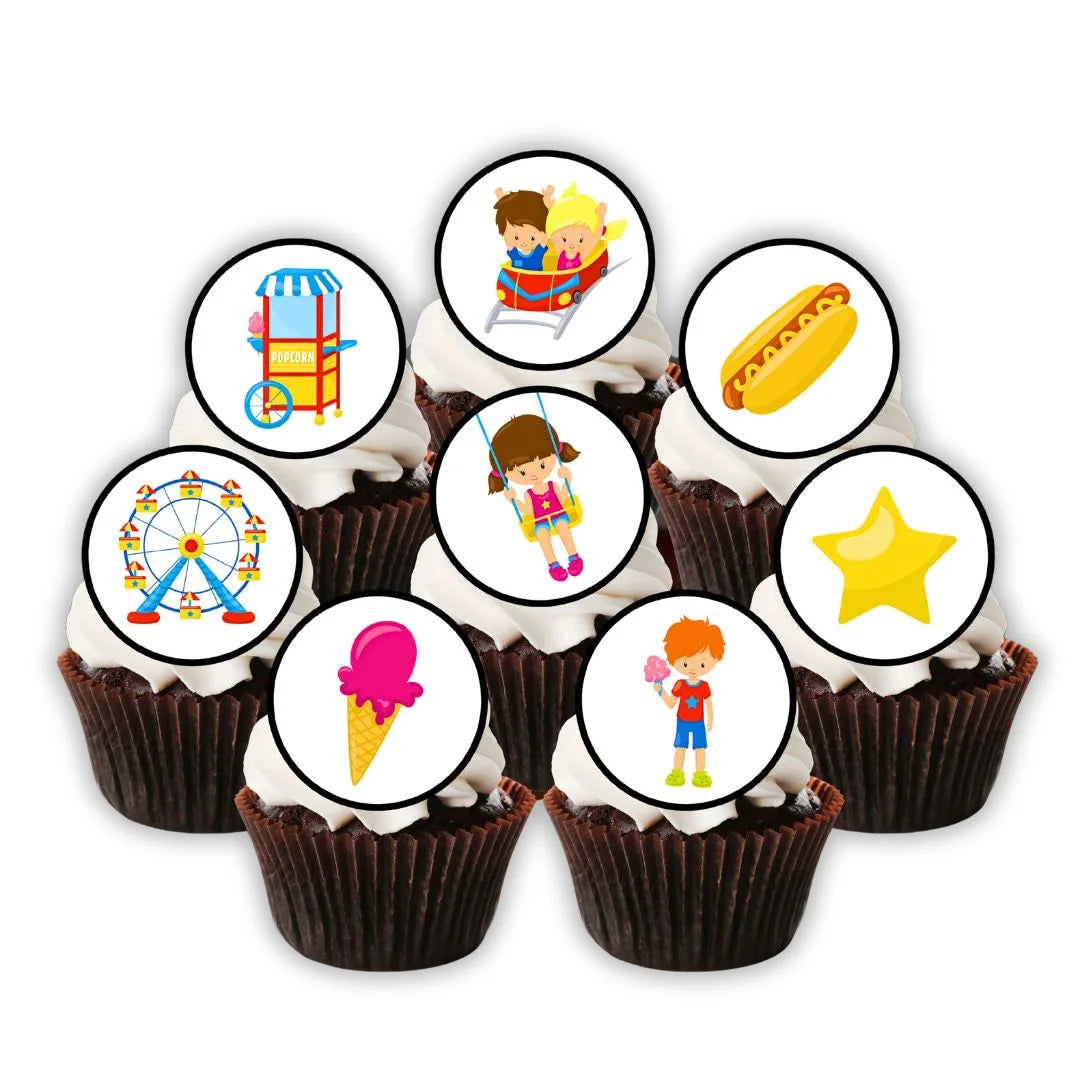Fun Fair Carnival Theme Edible Cupcake Toppers on cupcakes with white frosting