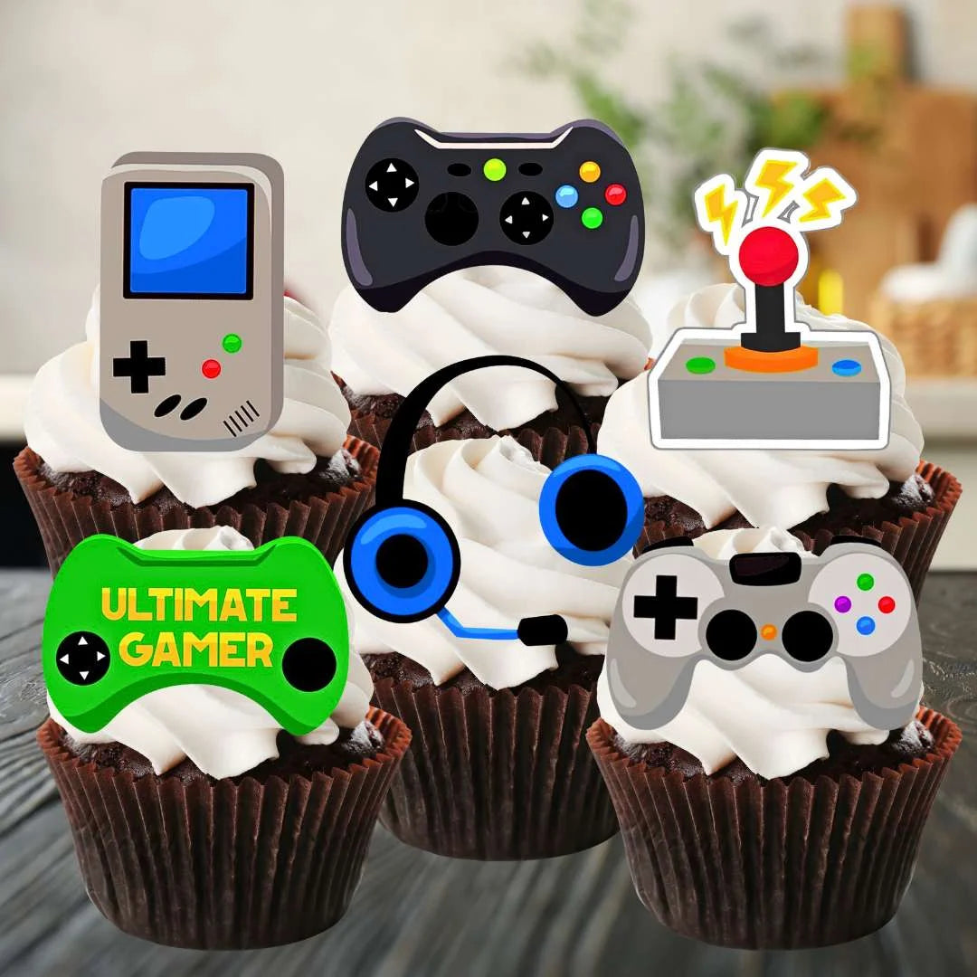 Gamer Theme Edible Cupcake Toppers on chocolate cupcakes with white frosting