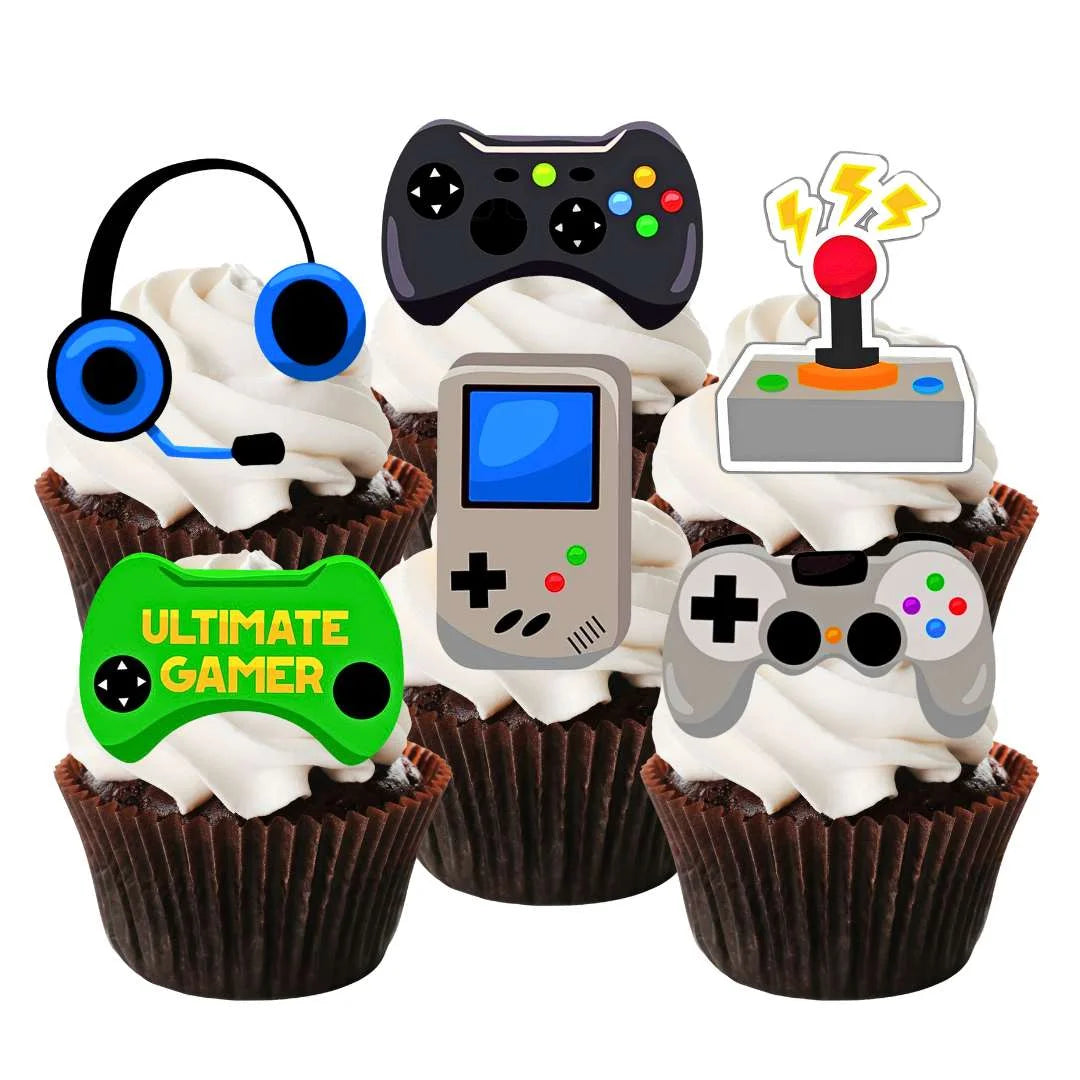 Gamer Theme Edible Cupcake Toppers on chocolate cupcakes with white frosting