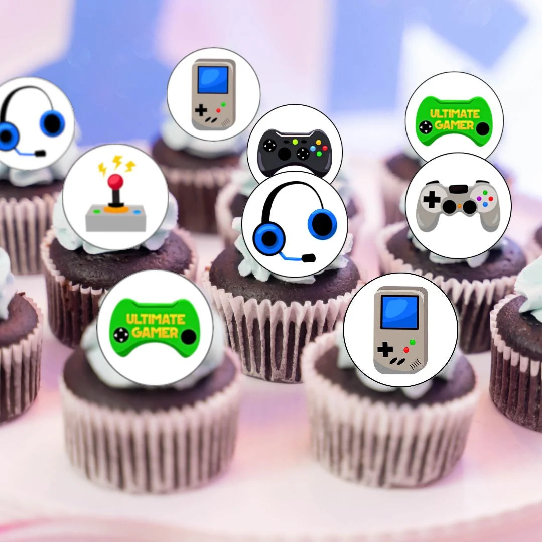 Gamer Round Edible Cupcake Toppers on chocolate cupcakes with white frosting