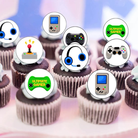 Gamer Round Edible Cupcake Toppers on chocolate cupcakes with white frosting