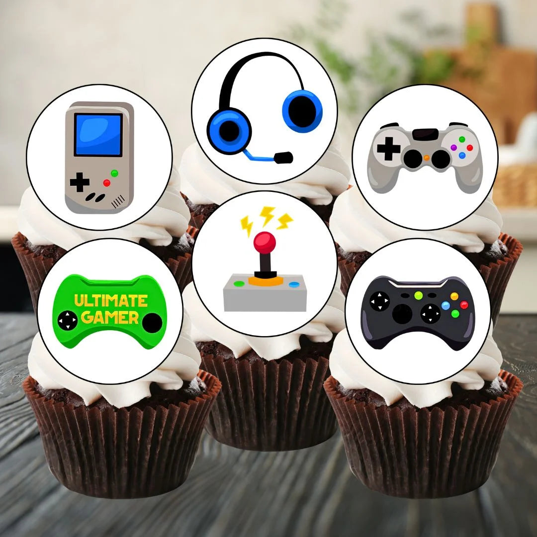Gamer Round Edible Cupcake Toppers on chocolate cupcakes with white frosting
