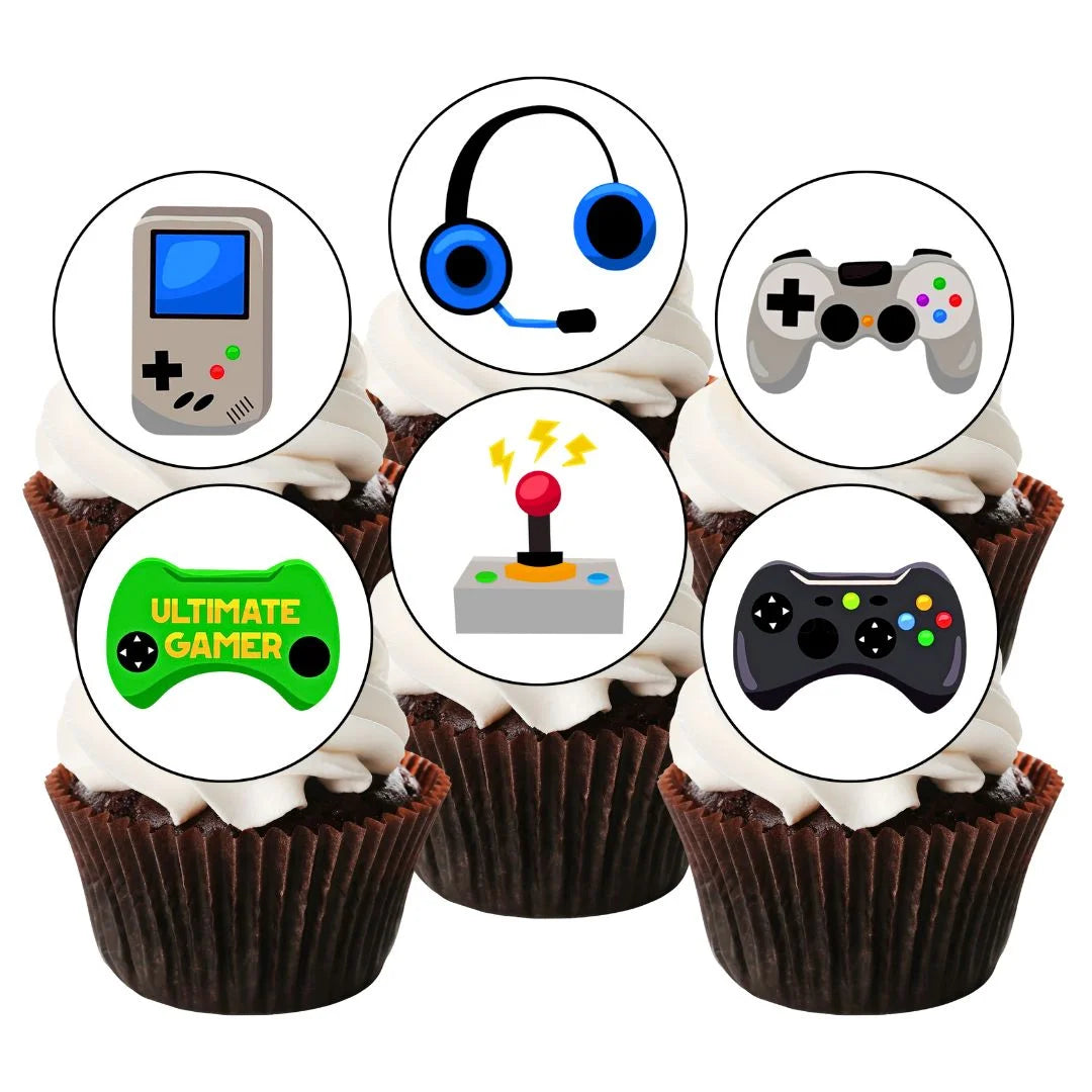 Gamer Round Edible Cupcake Toppers on chocolate cupcakes with white frosting