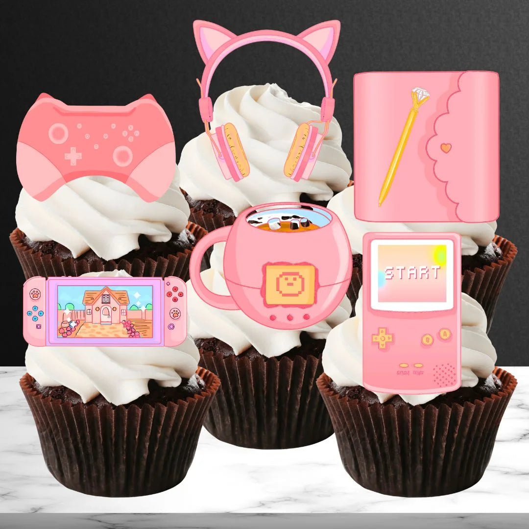 Pink Gamer Edible Cupcake Toppers on white frosted cupcakes