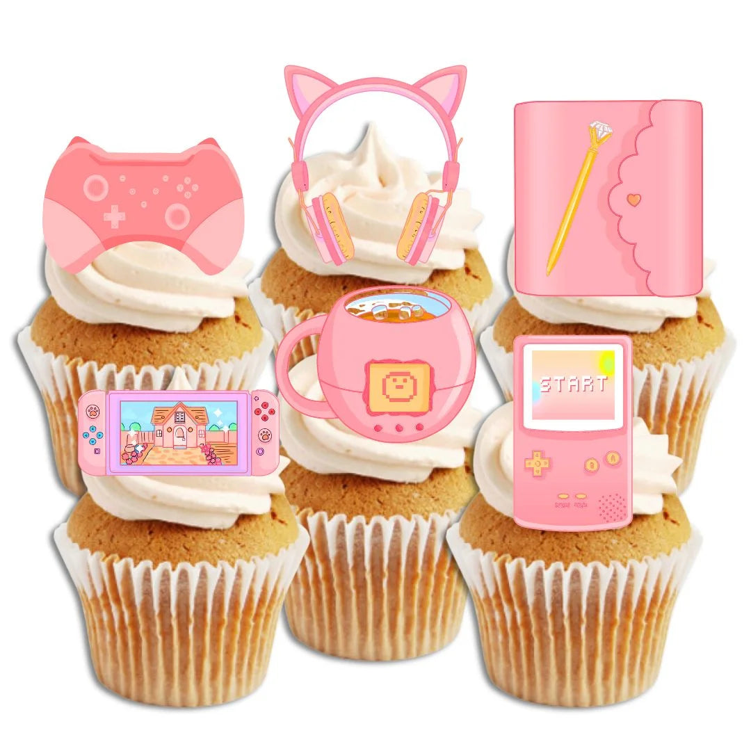 Pink Gamer Edible Cupcake Toppers on white frosted cupcakes