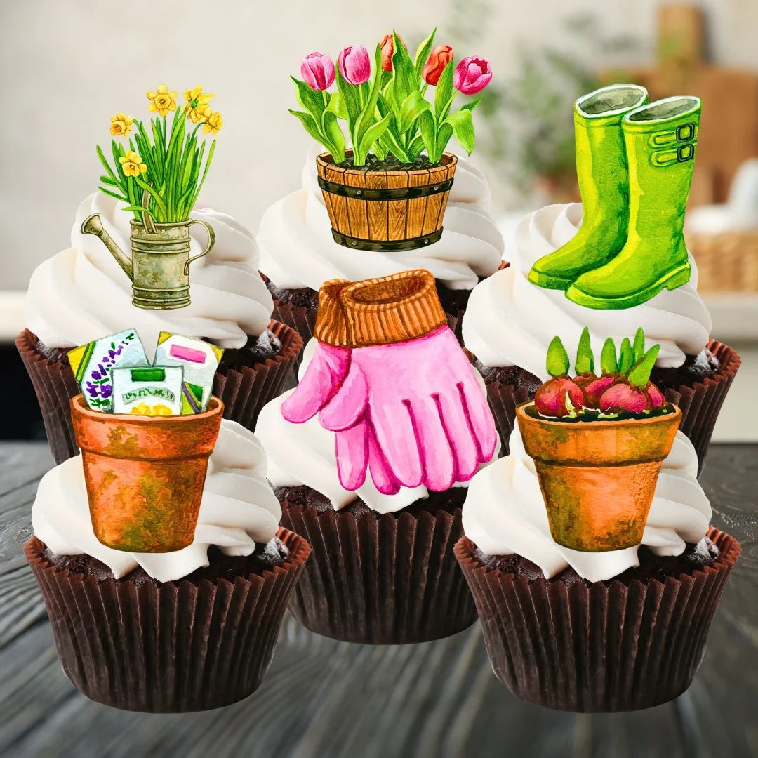 Gardening Themed Edible Cupcake Toppers on chocolate cupcakes with white frosting
