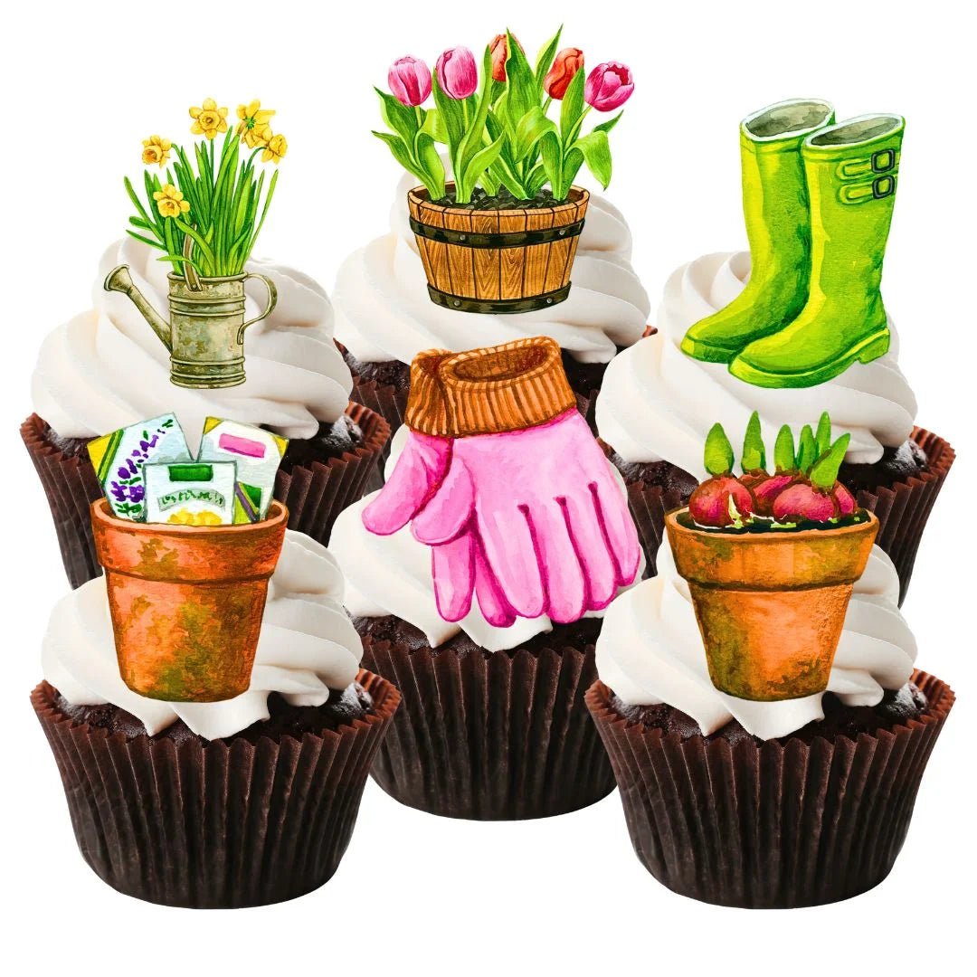 Gardening Themed Edible Cupcake Toppers on chocolate cupcakes with white frosting