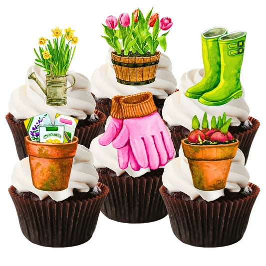 Gardening Themed Edible Cupcake Toppers on chocolate cupcakes with white frosting