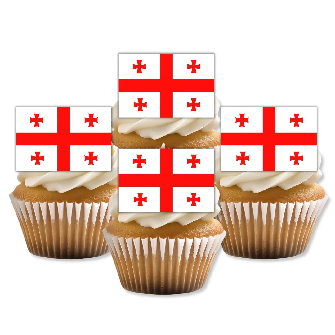 Georgia Flag Edible Cupcake Toppers on white frosted cupcakes