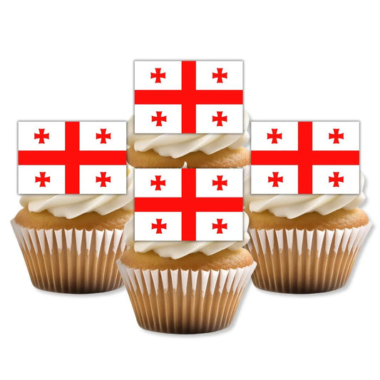 Georgia Flag Edible Cupcake Toppers on white frosted cupcakes